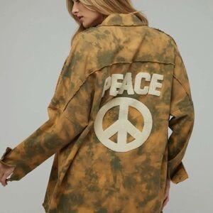 Olive Tie-Dye Shacket – Embellished PEACE SIGN on Back, Button Down, Relaxed Fit